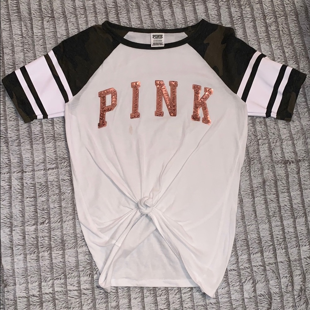 VS PINK Camo T-shirt with rose gold sequence